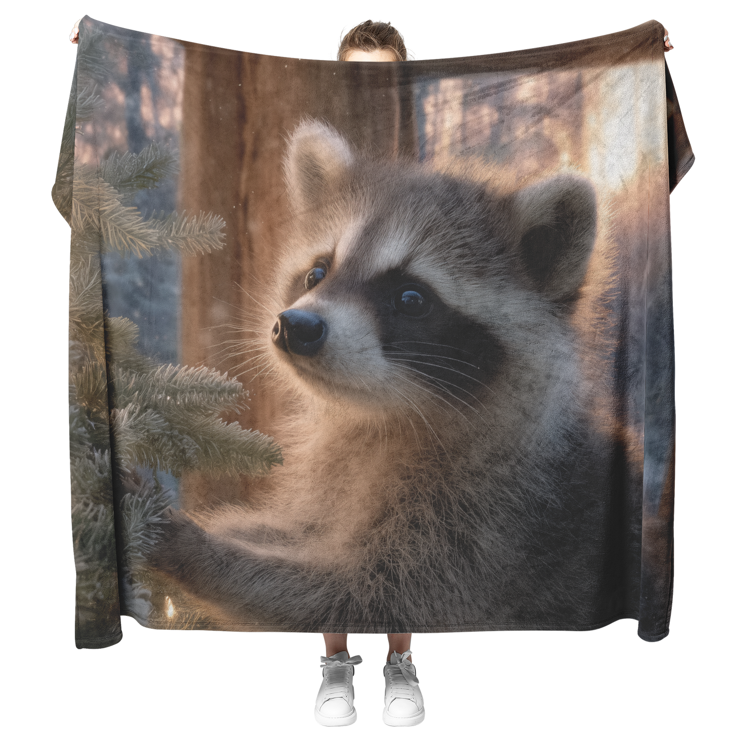 Raccoon_Cub_Decorating_Christmas_Tree_In_H_Blanket_Model_Mockup.png