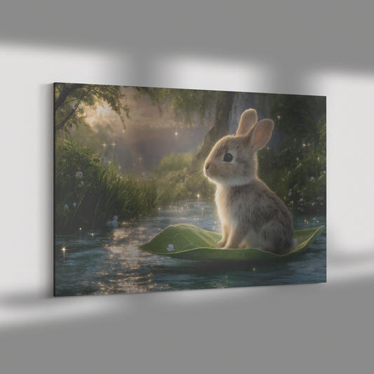 Realistic_Bunny_Riding_Leaf_Boat_on_Spar_H_Rectangle_Dramatic_Shadow_Mockup.png_15347013