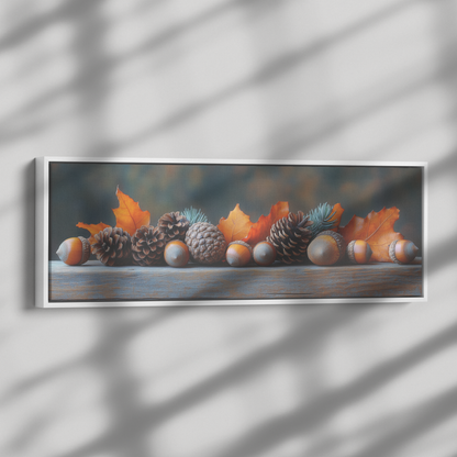 Rustic_Still_Life_Pinecones_Acorns_on_Wa_Framed_Canvas_H_Panoramic_Dramatic_Shad_Mockup.png