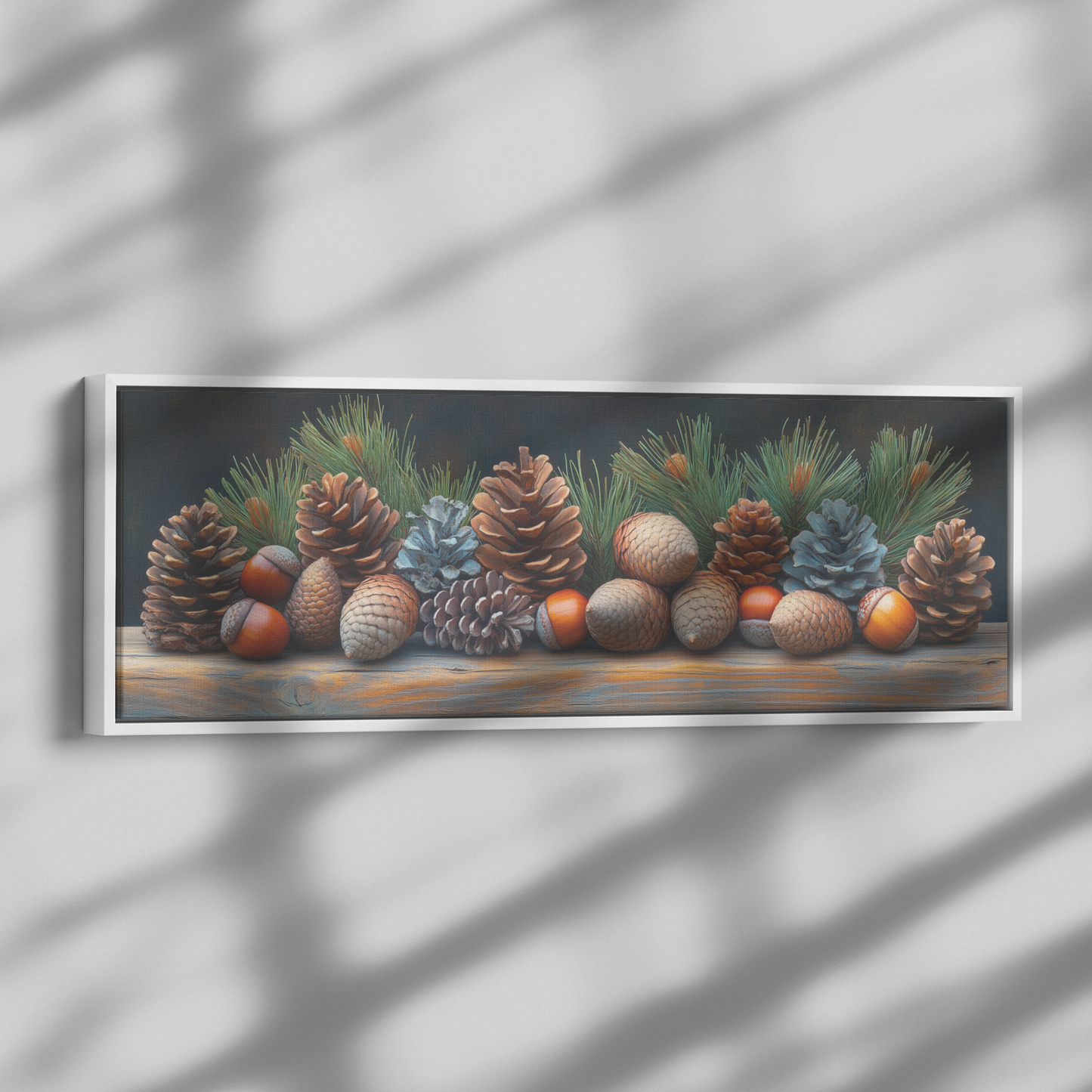 Rustic_Still_Life_Pinecones_Acorns_on_Wa_Framed_Canvas_H_Panoramic_Dramatic_Shad_Mockup.png