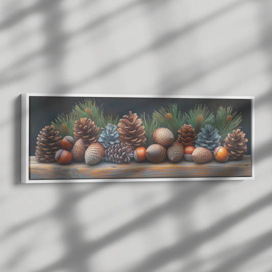 Rustic_Still_Life_Pinecones_Acorns_on_Wa_Framed_Canvas_H_Panoramic_Dramatic_Shad_Mockup.png