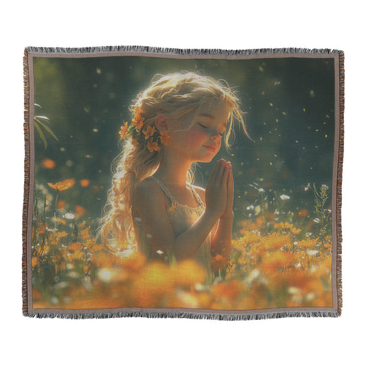 Serene Prayer in a Flower Field  Inspirational Christian Woven Throw Blanket for Peace Faith and Spiritual Reflection Perfect for Home Décor and Divine Comfort - Awakening Righteousness