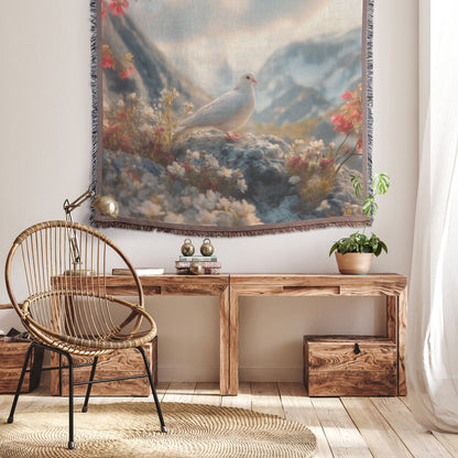 Serene White Dove Woven Throw Blanket with Mountain Peaks and Vibrant Flowers - Awakening Righteousness
