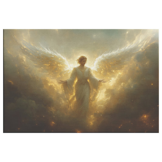 Serene and Majestic Angel with Outstretched Wings in Soft Golden Light  Christian Canvas Art Symbolizing Hope and Healing  Divine Aura Heavenly Clouds and Spiritual Connection Wall Decor - Awakening Righteousness