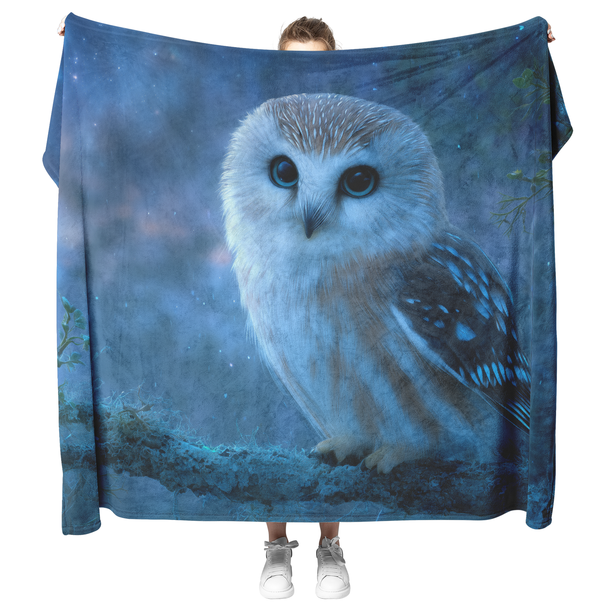 Sleepy_Owl_With_Blue_Eyes_Perched_On_Sta_H_Blanket_Model_Mockup.png