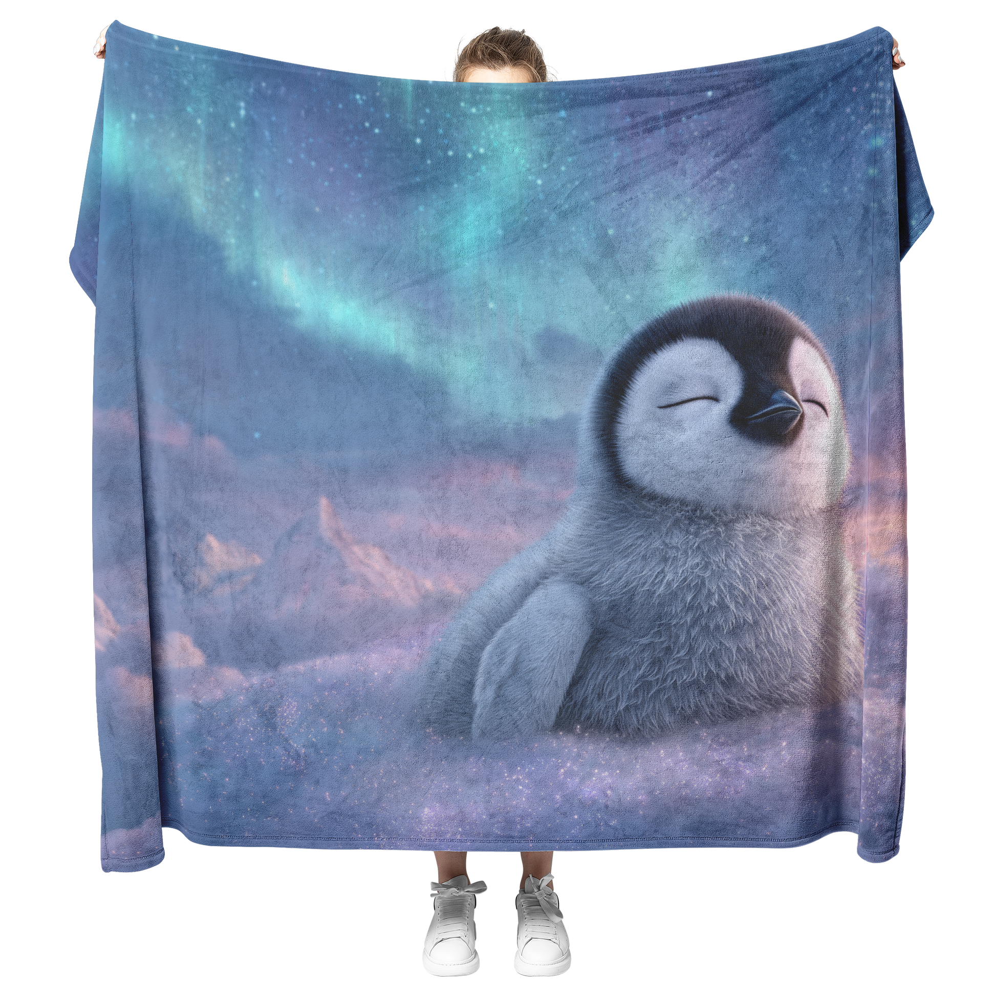 Sleepy_Penguin_Resting_On_Glowing_Cloud__H_Blanket_Model_Mockup.png