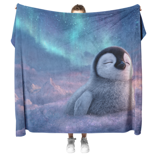 Sleepy_Penguin_Resting_On_Glowing_Cloud__H_Blanket_Model_Mockup.png