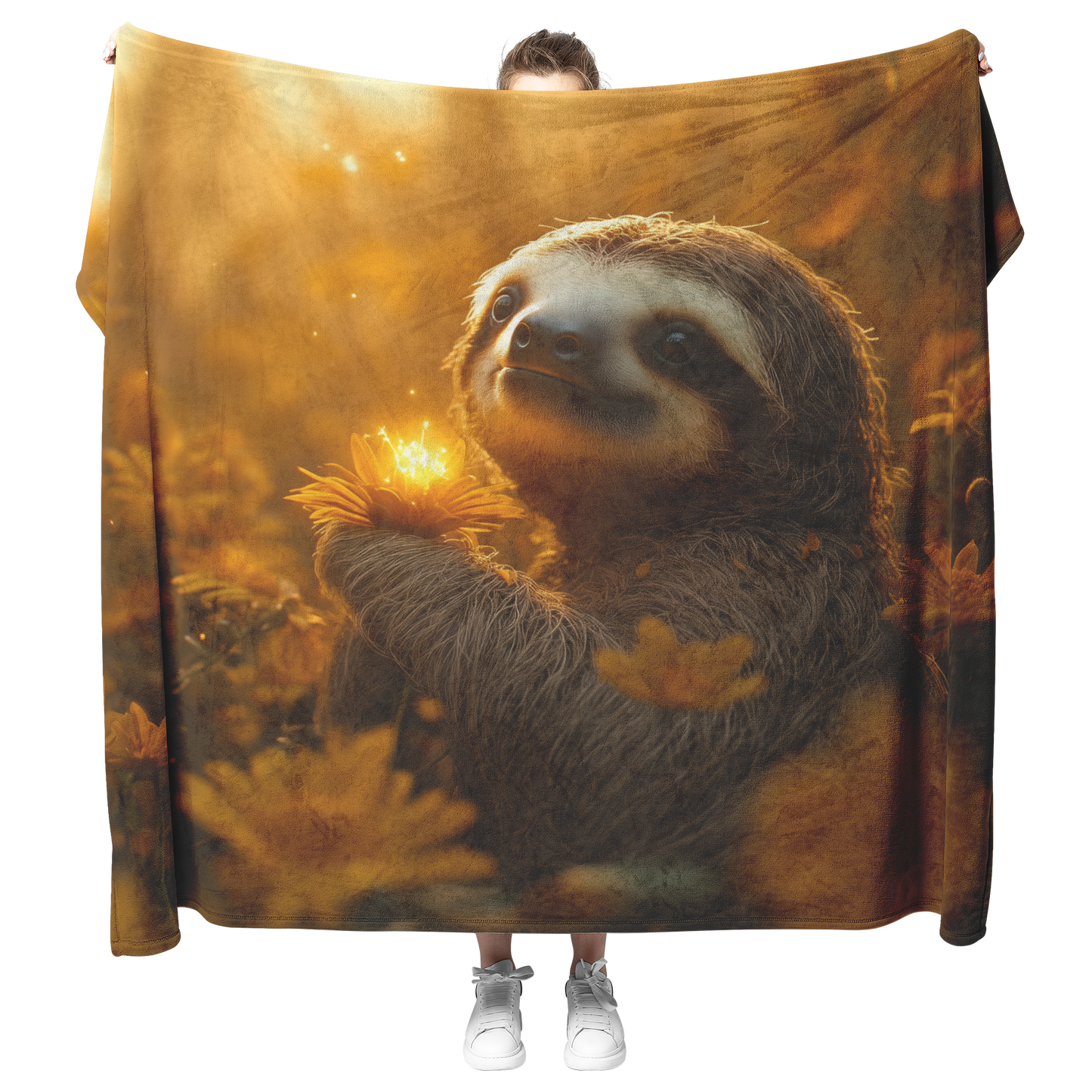 Sloth_Holding_Glowing_Flower_Surrounded__H_Blanket_Model_Mockup.png