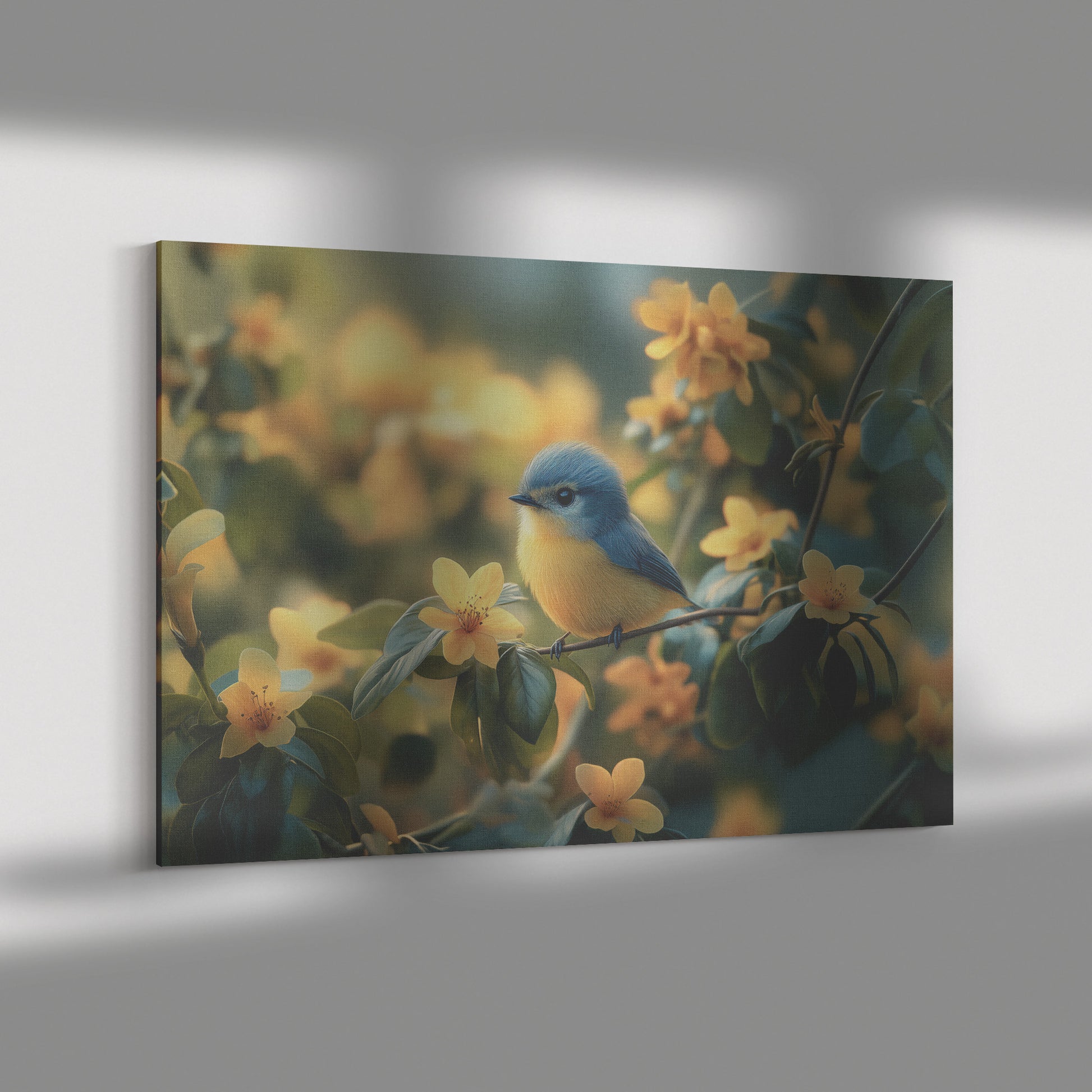 Small Blue and Yellow Bird Canvas Wall Art – Perched on an Orange Tree Branch Surrounded Vibrant Flowers - Awakening Righteousness