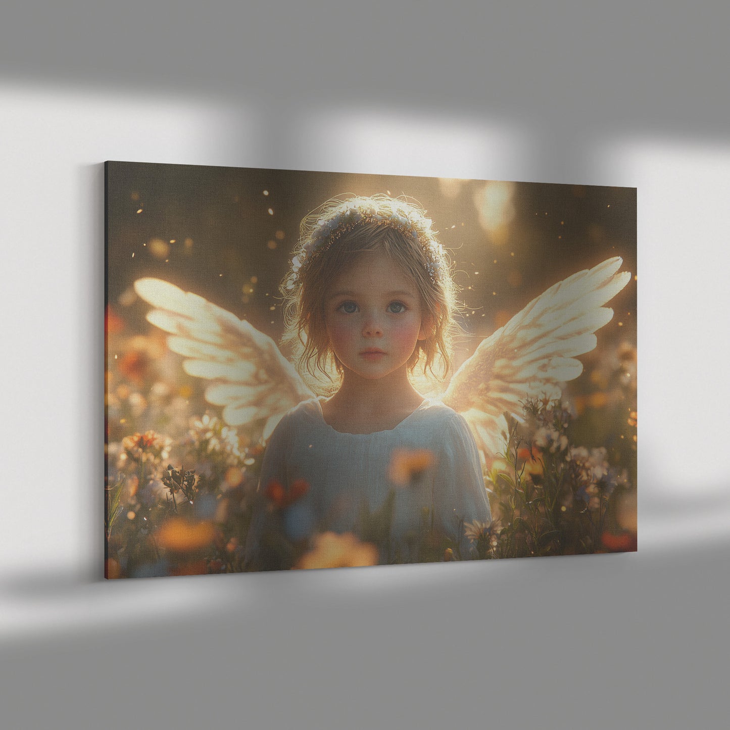 Sweet Angel Girl with White Wings Surrounded Blooming Wildflowers  Serene Canvas Wall Art Decor for Nursery or Home - Awakening Righteousness