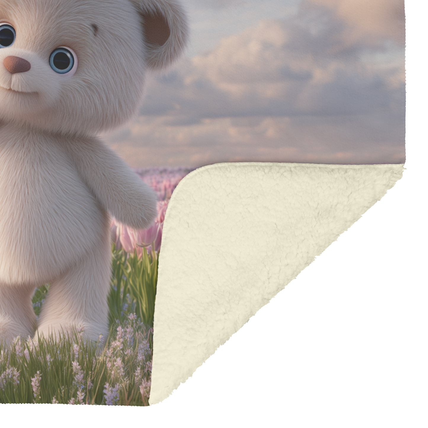 Teddy Bear Holding Heart Shaped Balloon in Tulip Field Sherpa Fleece Throw Blanket Cute Cozy Design Loving Valentines Day Gift