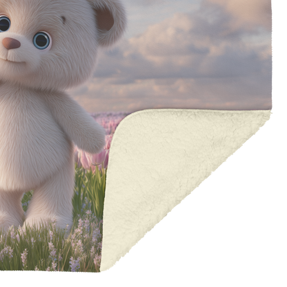 Teddy Bear Holding Heart Shaped Balloon in Tulip Field Sherpa Fleece Throw Blanket Cute Cozy Design Loving Valentines Day Gift