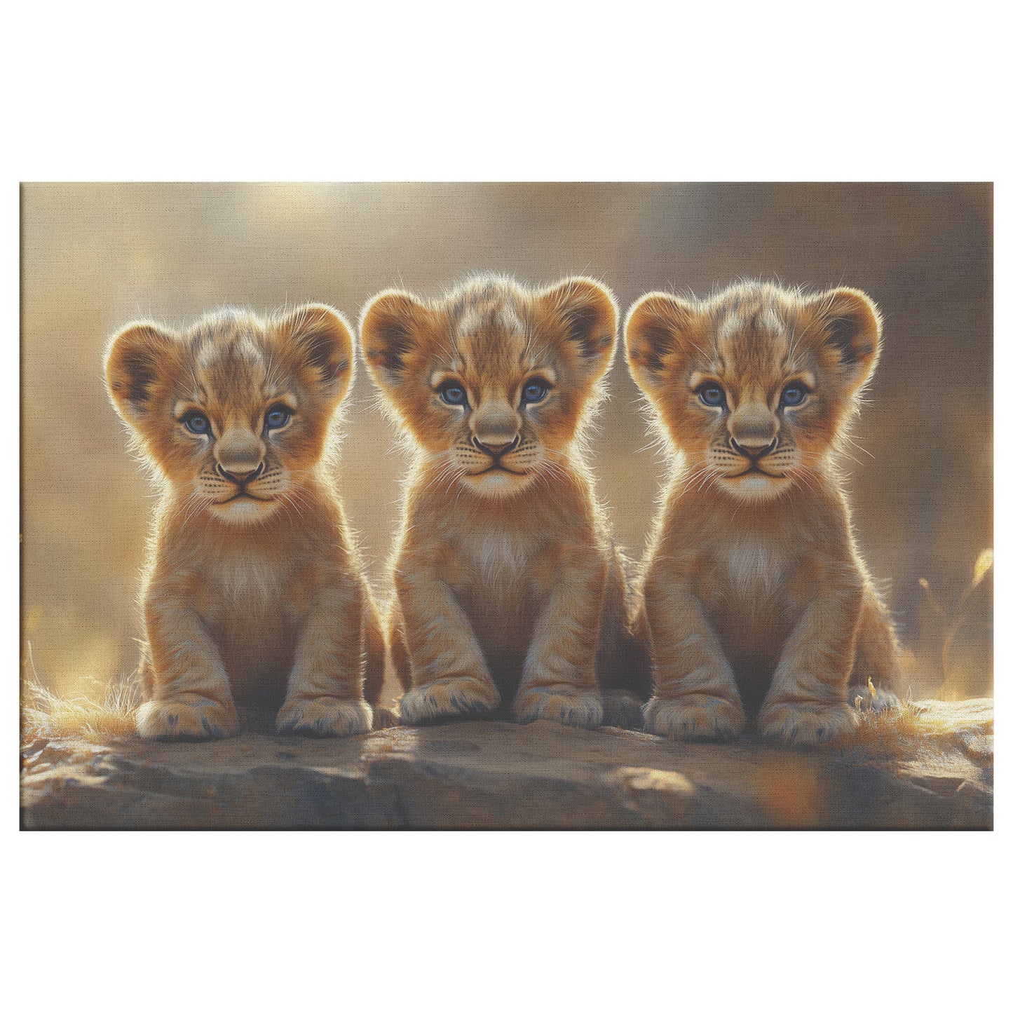 Three Cute Lion Cubs Standing Side by Side with Golden Sunlight Canvas Wall Art - Awakening Righteousness
