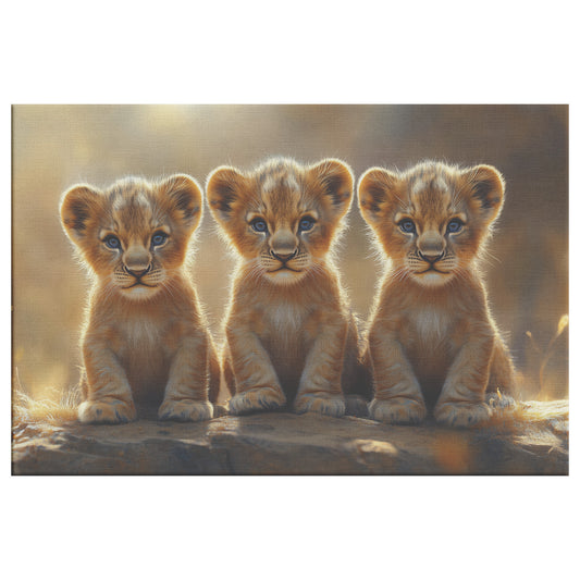 Three Cute Lion Cubs Standing Side by Side with Golden Sunlight Canvas Wall Art - Awakening Righteousness
