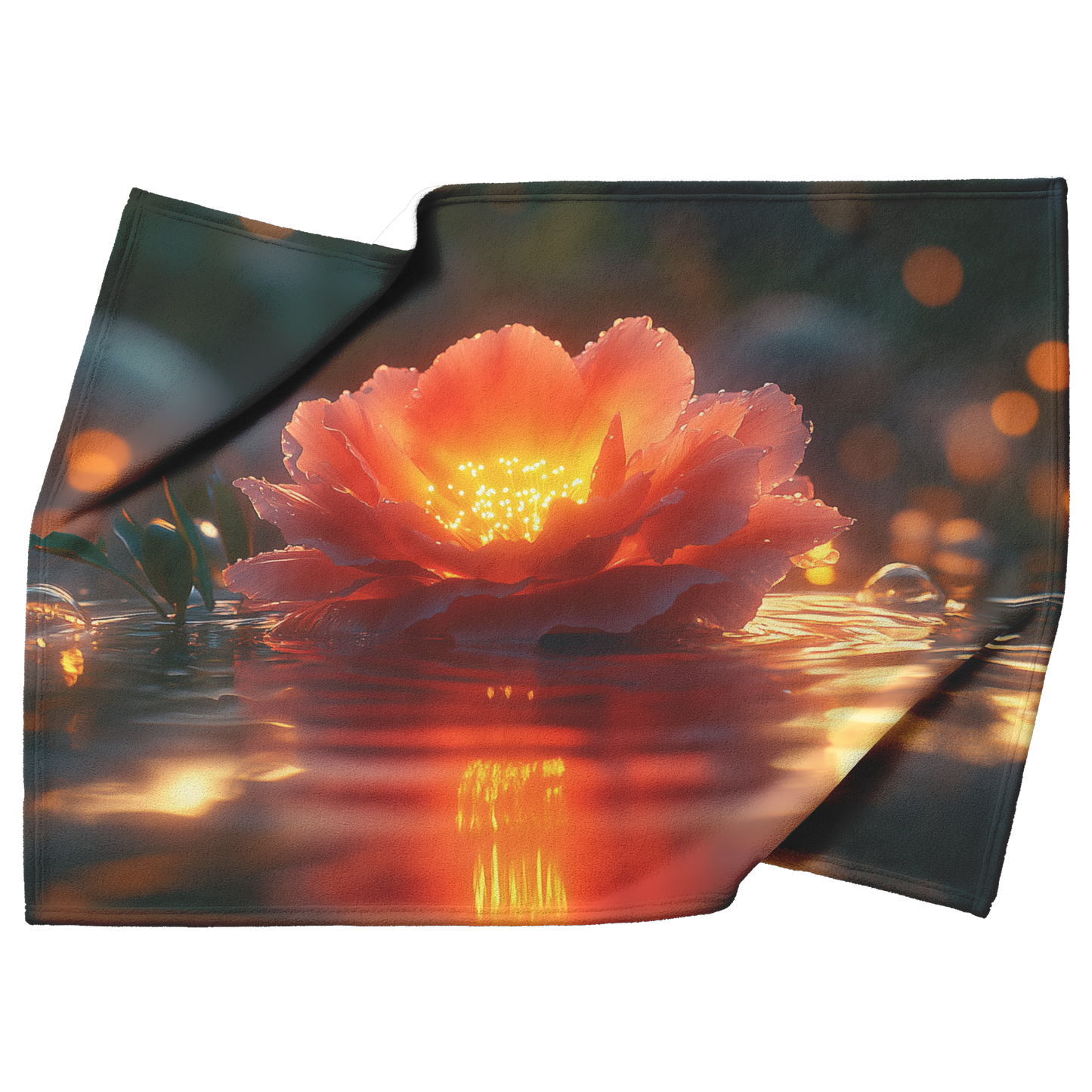 Twilight_Red_Carnation_on_Pond_Fleece_Sh_H_Blanket_Top_Bottom_Folds_Mockup.png