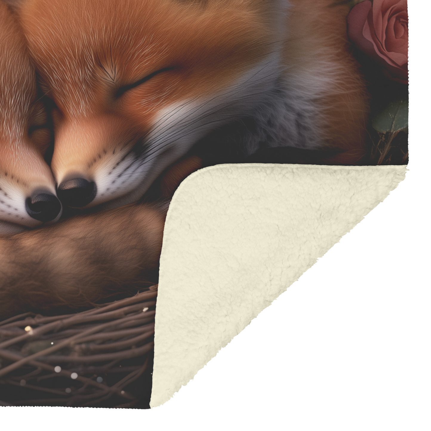 Two Baby Foxes Cuddled Inside Heart Shaped Wreath of Roses Sherpa Fleece Throw Blanket Cute Cozy Design Loving Valentines Day Gift