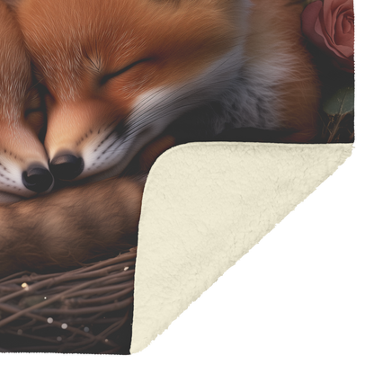 Two Baby Foxes Cuddled Inside Heart Shaped Wreath of Roses Sherpa Fleece Throw Blanket Cute Cozy Design Loving Valentines Day Gift