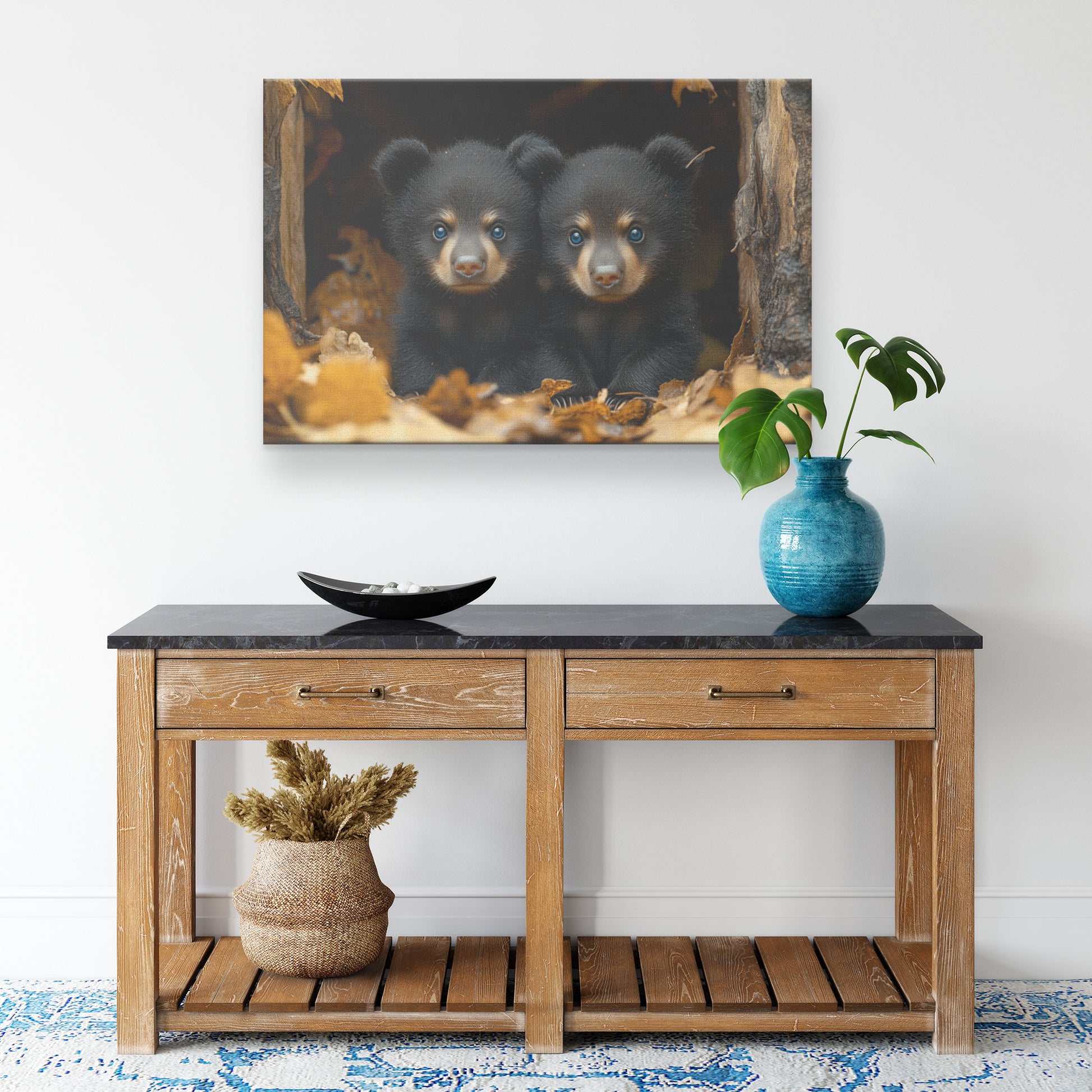 Two Black Bear Cubs with Blue Eyes in Forest Looking from Tree Hollow Canvas Wall Art Decor - Awakening Righteousness