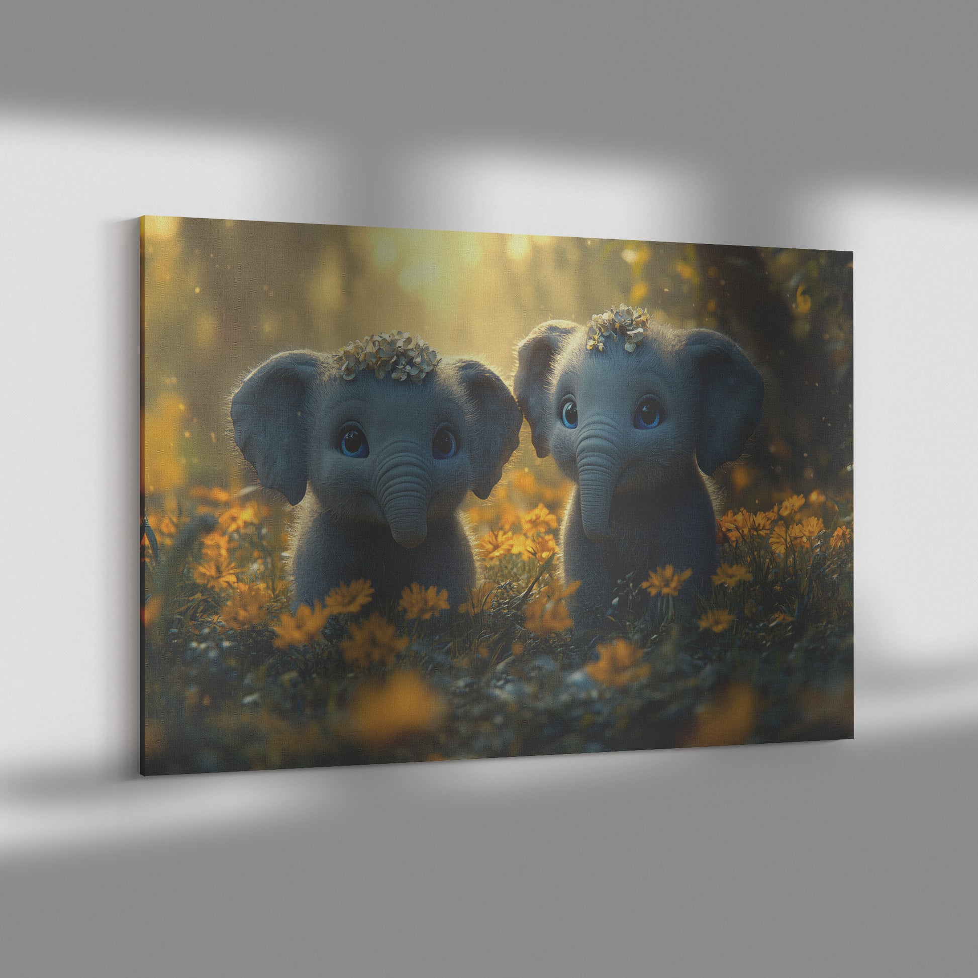 Two Cute Baby Elephants with Big Eyes and Flower Crowns in Grass Surrounded by Yellow Flowers Canvas Art - Awakening Righteousness