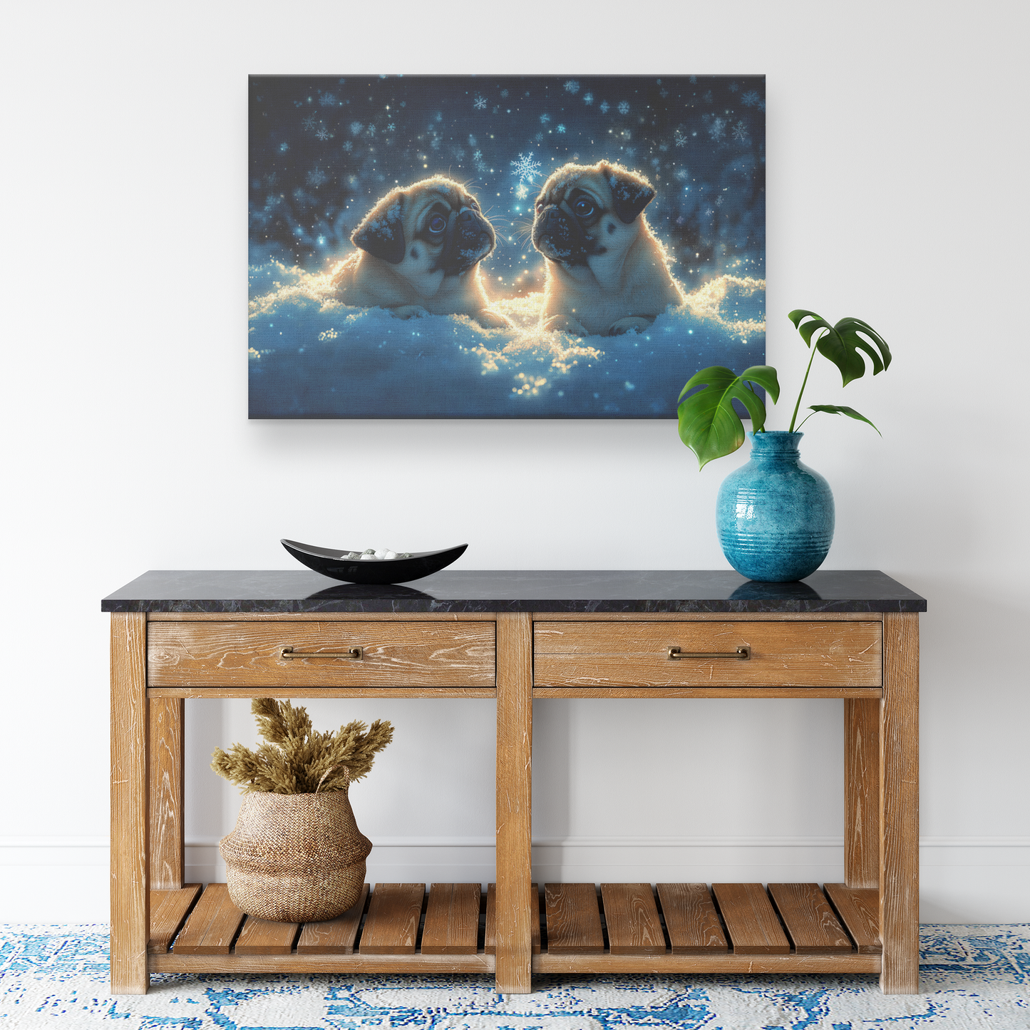 Two_Pugs_Playing_in_Glowing_Snowy_Meadow_H_Rectangle_Smaller_Lifestyle_Mockup.png