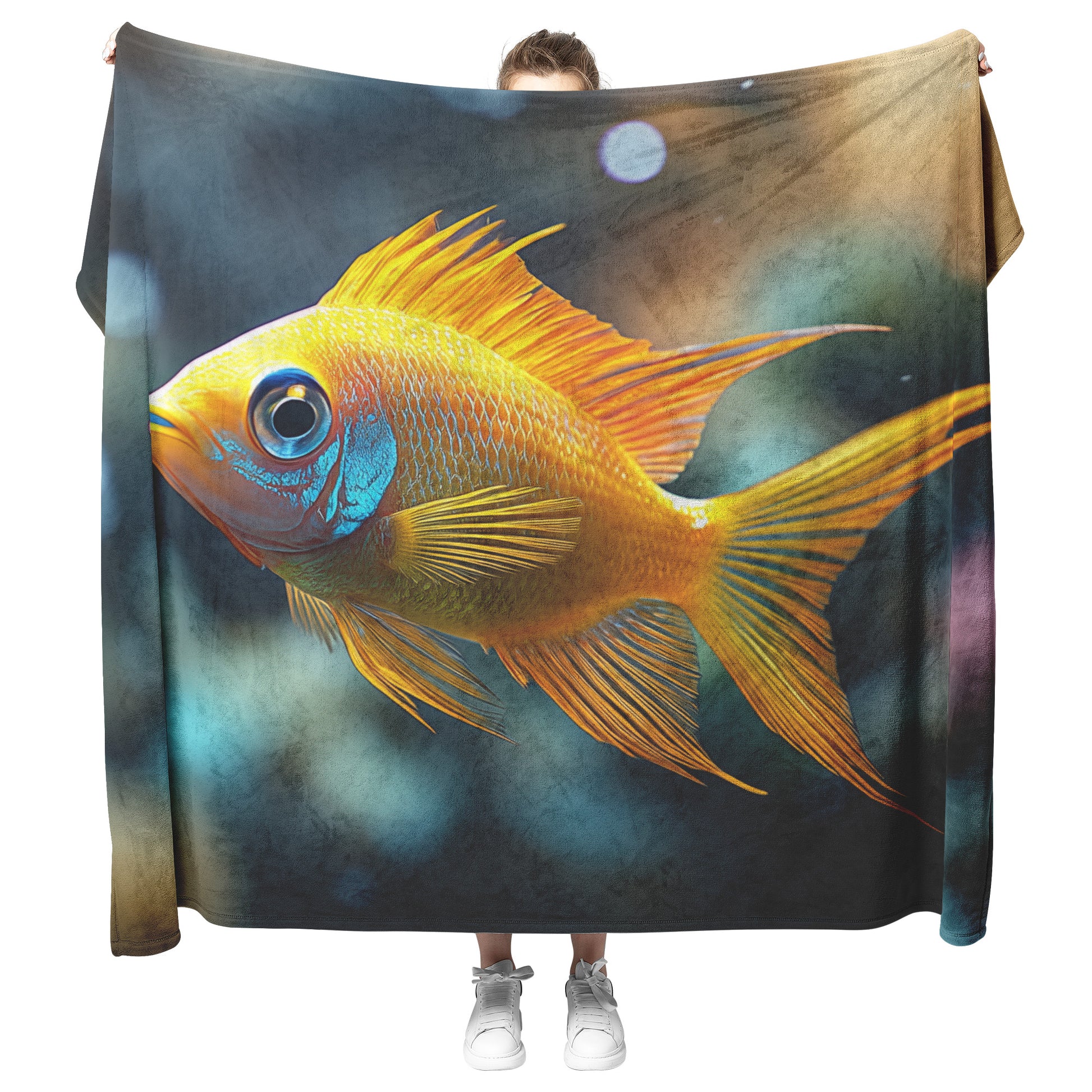 Vibrant Yellow Fish Cozy Fleece and Sherpa Blanket Swimming Gracefully Through a Serene Underwater Scene - Awakening Righteousness