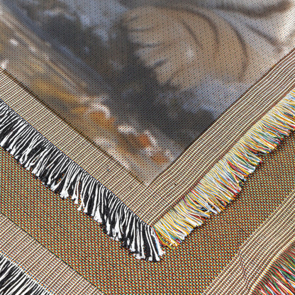 White Tiger Cubs Woven Throw Blanket in Snow with Autumn Leaves and Blue Eyes - Awakening Righteousness