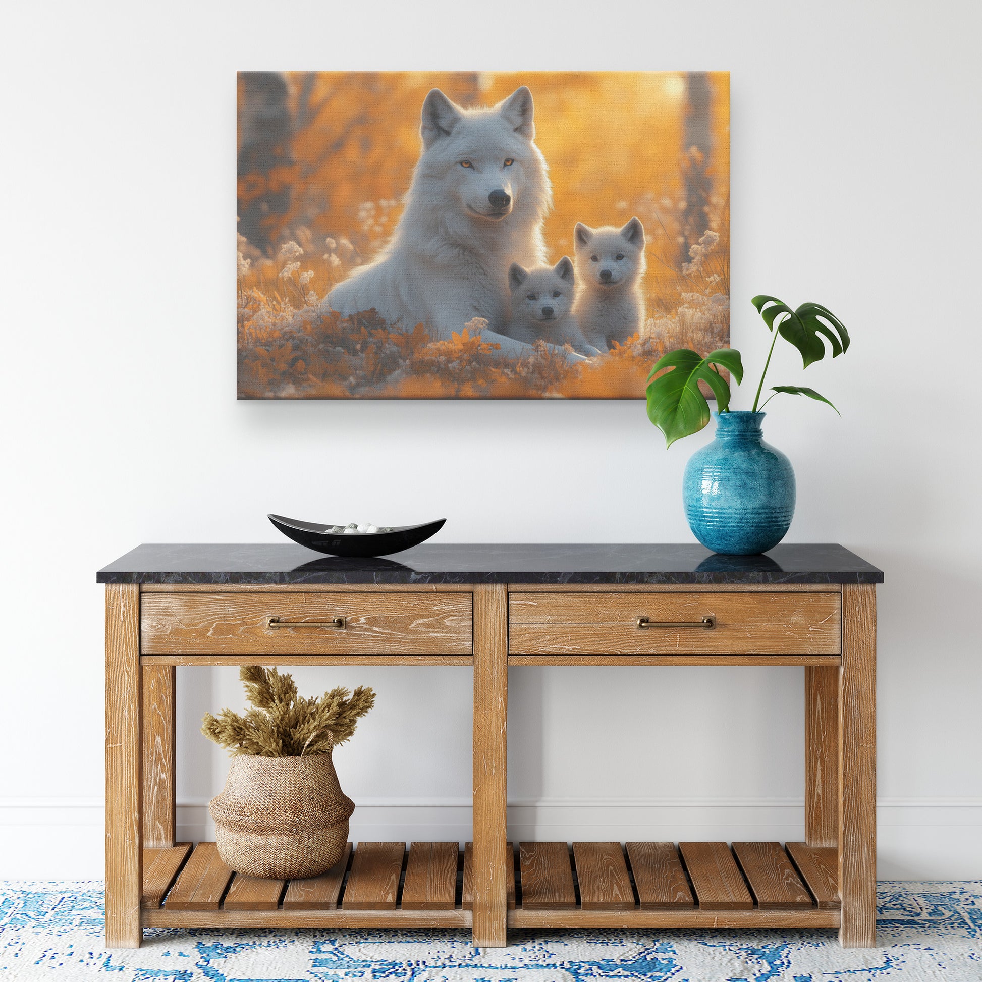 White Wolf with Two Cubs Resting in an Autumn Meadow Bathed in Warm Golden Light  Harmonious Family Moment Wildlife Canvas Art for Home Living Room or Nursery Decor - Awakening Righteousness