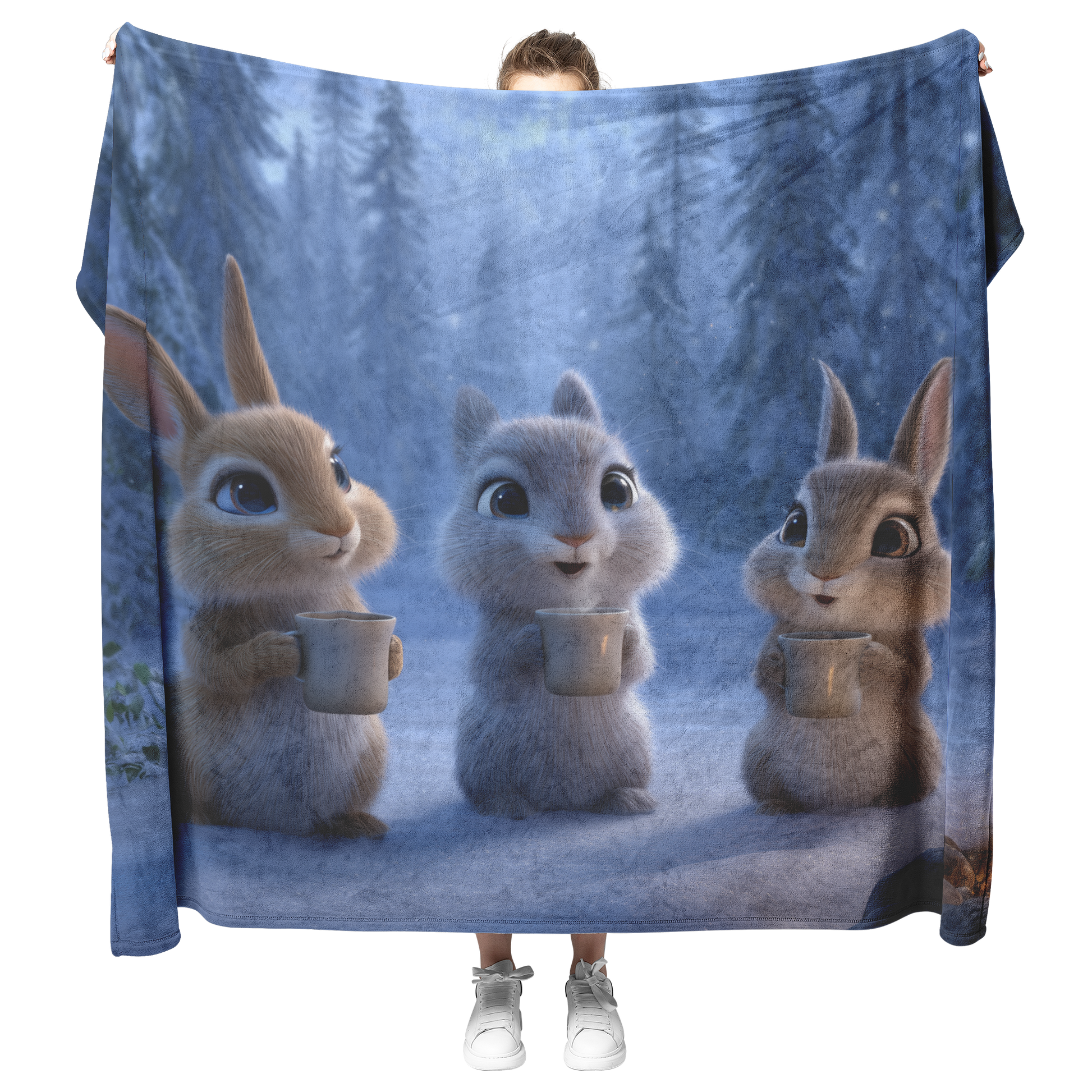 Woodland_Creatures_With_Blue_Eyes_Sippin_H_Blanket_Model_Mockup.png