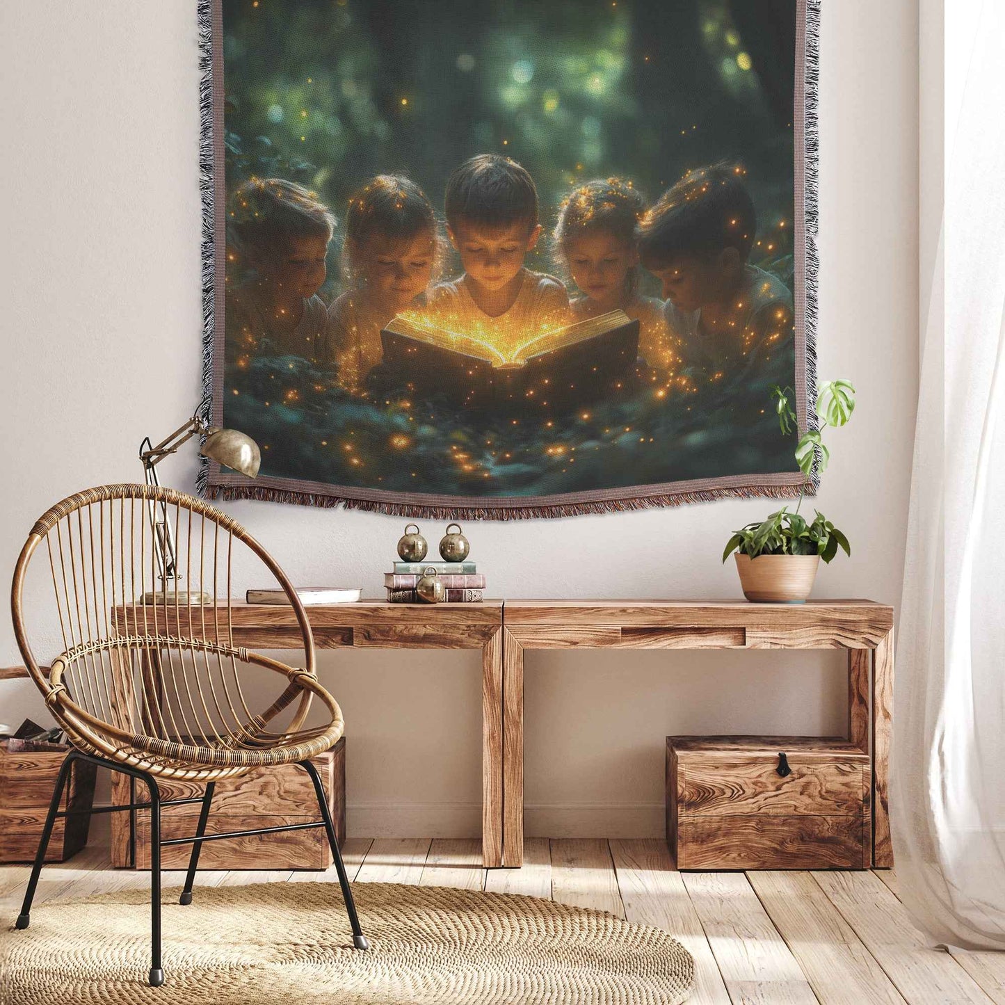 Children Gathered Around an Ancient Book Under Fireflies in a Magical Forest Christian Throw Blanket  Cozy Woven Kids Comfort Blanket with Hope  Holy Faith Inspired Prayer Healing Blanket for Children