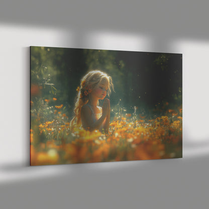 Young Girl Kneeling in Prayer Amidst Orange Flowers  Christian Canvas Art Blonde Hair Freckles Peaceful Prayer Divine Connection Sunlit Trees Bees Peace for the Future - Awakening Righteousness