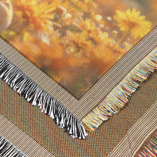 Young Girl in Prayer Amidst Vibrant Flowers Bathed in Golden Hour Light  Christian Woven Throw Blanket Symbolizing Faith Serenity Innocence and Tranquility for Spiritual Home Decor - Awakening Righteousness
