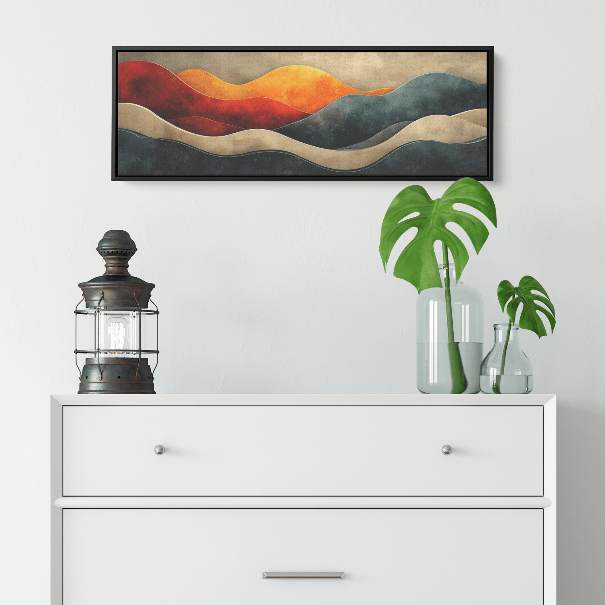 Abstract Composition Bold Wavy Shapes Earthy Tones Clay Red Sand Beige Moss Green Ultra High Definition Modern Boho Panoramic Framed Canvas Wall Art - Awakening Righteousness