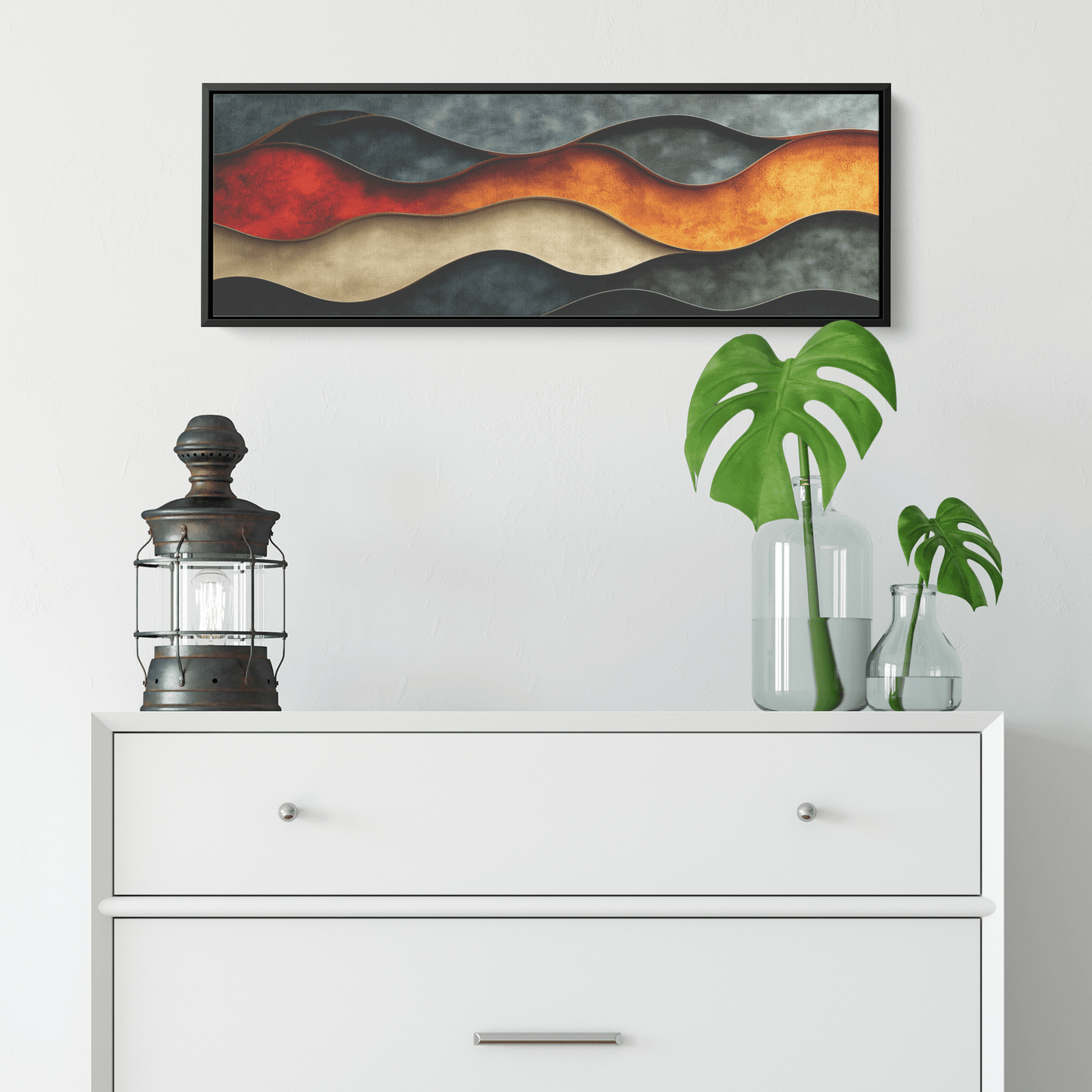 Abstract Wavy Shapes Clay Red Sand Beige Moss Green Ultra High Definition Modern Boho Panoramic Framed Canvas Wall Art - Awakening Righteousness