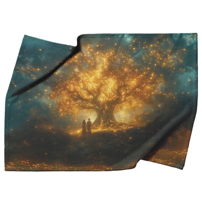 Adam and Eve Beneath Glowing Golden Treeof Life in Enchanted Forest Cozy Christian Fleece Sherpa Blanket - Awakening Righteousness
