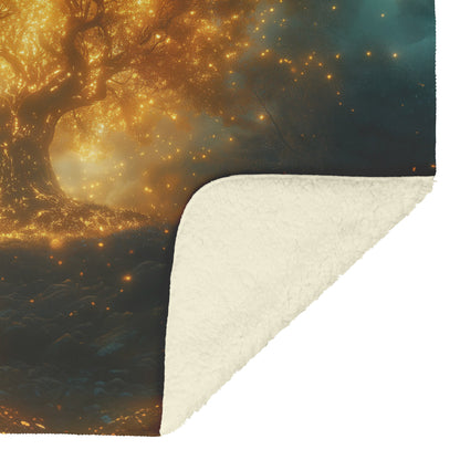 Adam and Eve Beneath Glowing Golden Treeof Life in Enchanted Forest Cozy Christian Fleece Sherpa Blanket - Awakening Righteousness