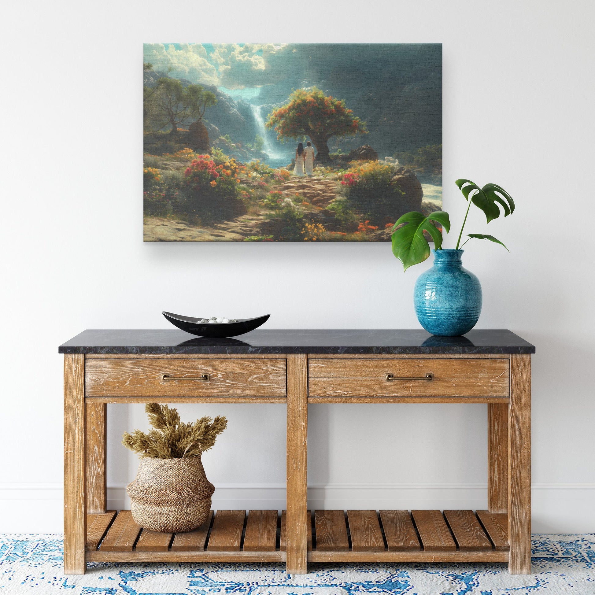 Adam and Eve Exploring Vibrant Valley in the Garden of Eden Christian Canvas Wall Art Decor - Awakening Righteousness