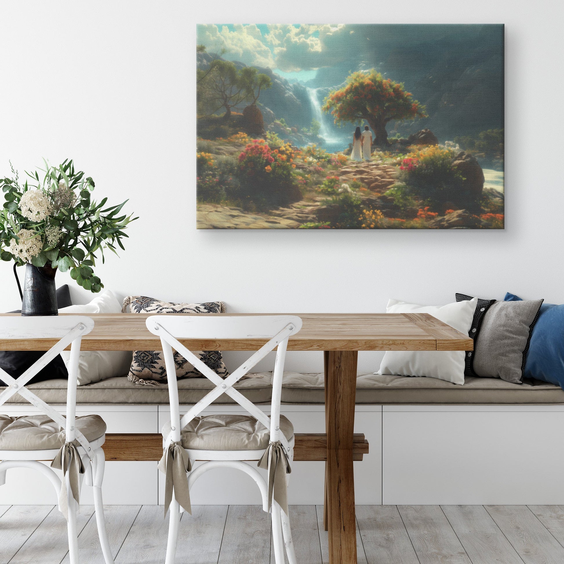 Adam and Eve Exploring Vibrant Valley in the Garden of Eden Christian Canvas Wall Art Decor - Awakening Righteousness