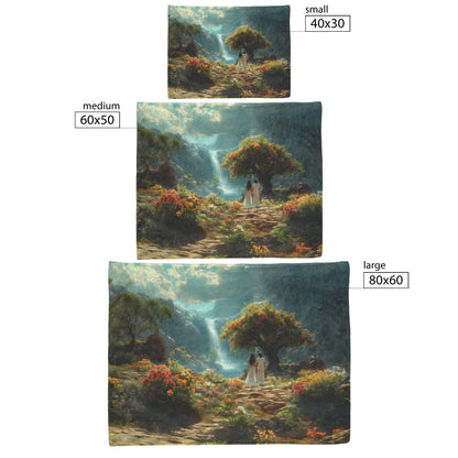 Adam and Eve in Lush Valley with Waterfall and Vibrant Flowers Cozy Christian Fleece Sherpa Blanket - Awakening Righteousness