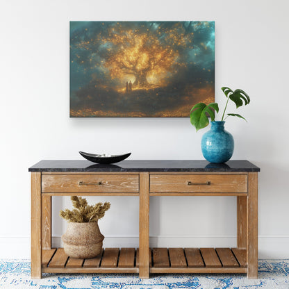 Adam and Eve Under a Glowing Golden Tree Enchanted Forest Canvas Art - Awakening Righteousness