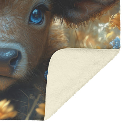 Adorable Baby Calf with Blue Eyes in Yellow Flower Field Cozy Fleece Sherpa Blanket - Awakening Righteousness