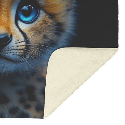Adorable Baby Cheetah with Blue Eyes Innocent Wildlife Fleece Sherpa Blanket - Awakening Righteousness