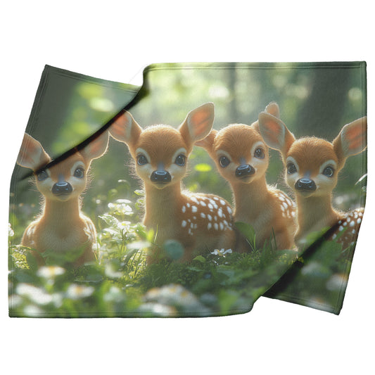 Adorable Baby Deer with Big Eyes in Serene Forest Surrounded by Flowers and Green Grass Cozy Fleece Sherpa Blanket - Awakening Righteousness