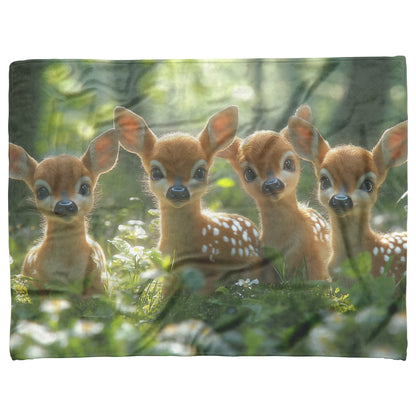 Adorable Baby Deer with Big Eyes in Serene Forest Surrounded by Flowers and Green Grass Cozy Fleece Sherpa Blanket - Awakening Righteousness