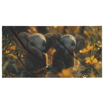 Adorable Baby Elephants Beach Towel Muddy Play Design in Wildflower Field for Nature and Wildlife Lovers - Awakening Righteousness