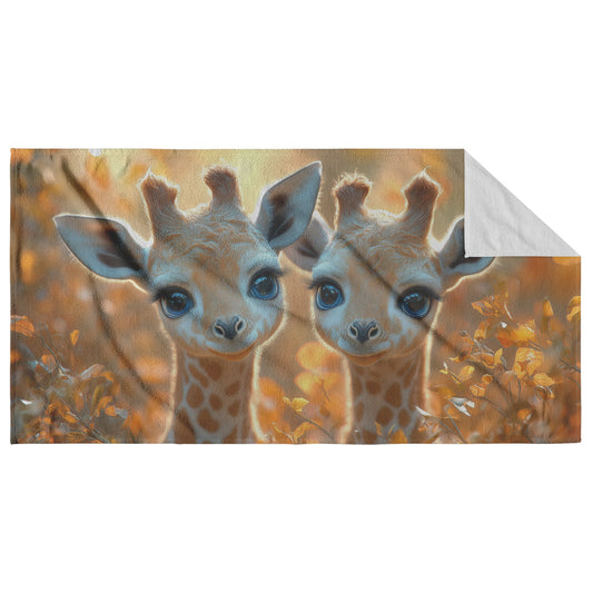 Adorable Baby Giraffes Beach Towel Nature Design with Autumn Foliage for Wildlife and Animal Lovers - Awakening Righteousness