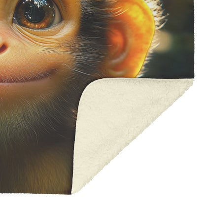 Adorable Baby Monkey in Sunlit Forest Cozy Fleece Sherpa Blanket - Awakening Righteousness