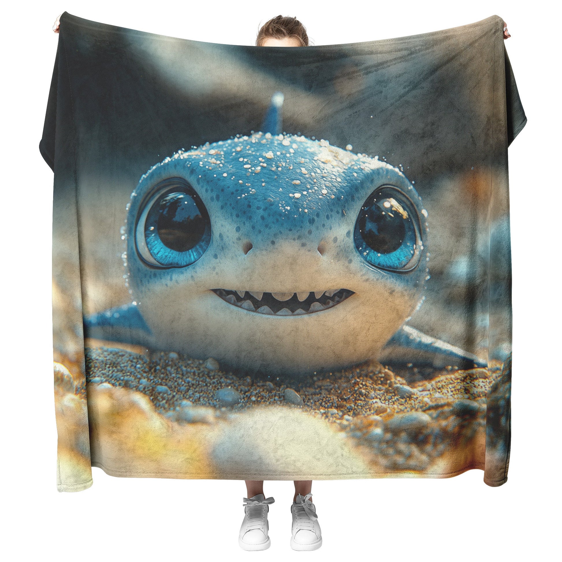 Adorable Baby Shark with Sparkling Eyes on Ocean Floor Cozy Fleece Sherpa Blanket - Awakening Righteousness