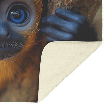 Adorable Baby Spider Monkey with Blue Eyes Sitting in Tree Branches Cozy Fleece Sherpa Blanket - Awakening Righteousness
