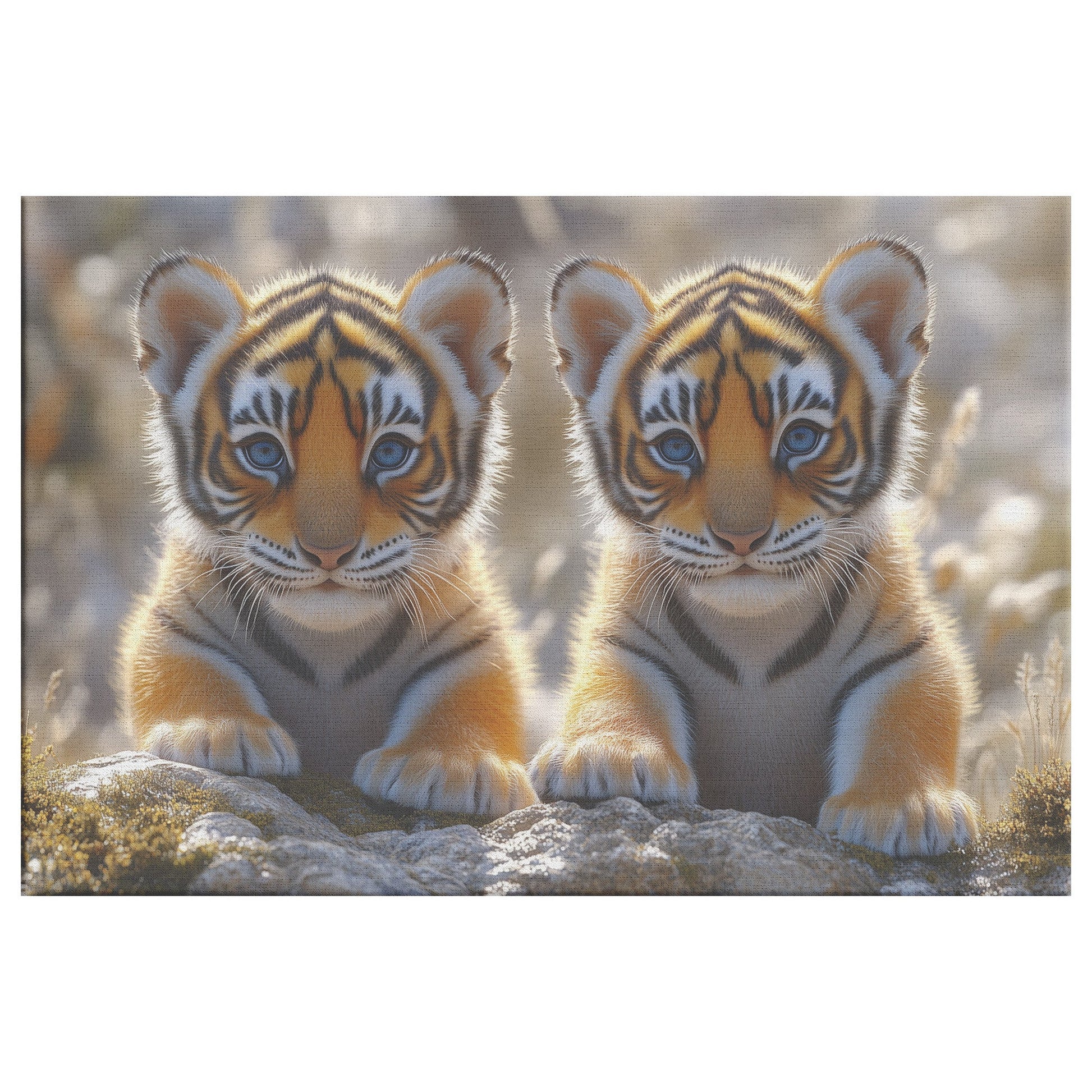 Adorable Baby Tigers with Blue Eyes Sitting on Rocky Ground in a Forest Canvas Wall Art - Awakening Righteousness