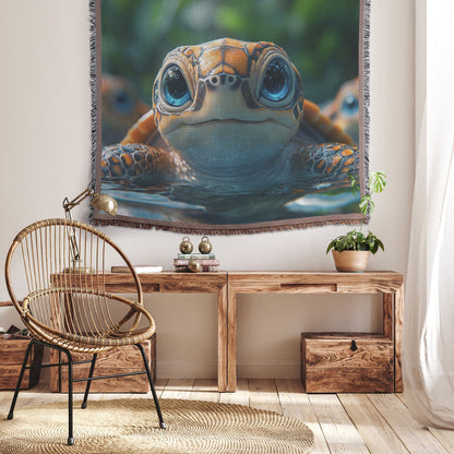 Adorable Baby Turtle Floating in Serene Forest River Cozy Woven Throw Blanket - Awakening Righteousness